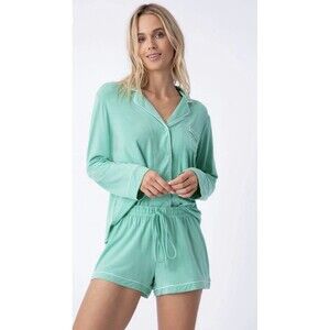 NWT PJ Salvage Loungewear Happy Pj Set Green Flare Embroidered Rainbow Medium